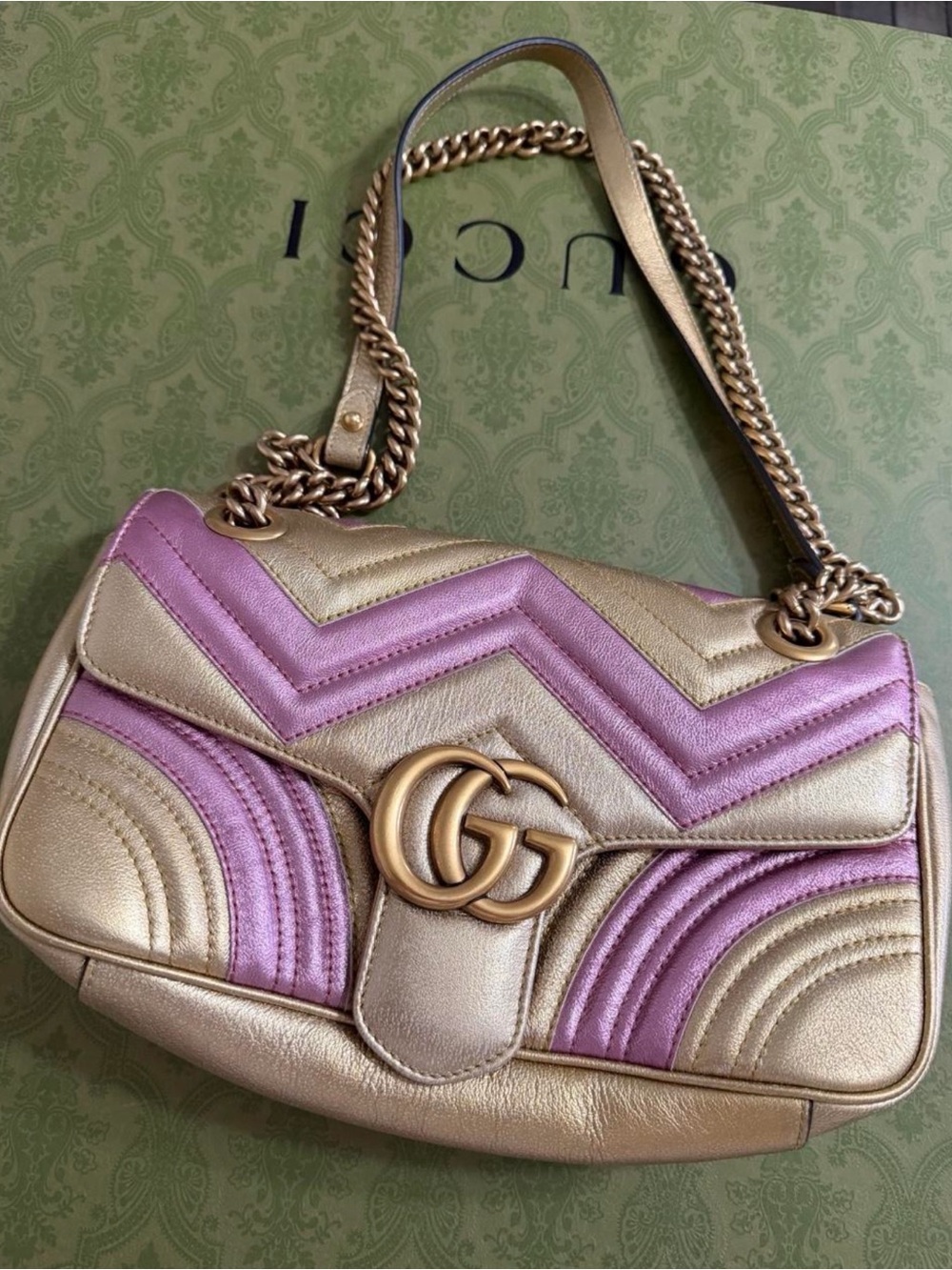 GUCCI GG Marmont Medium Metallic Gold Pink Matelassé Shoulder Bag Rare
